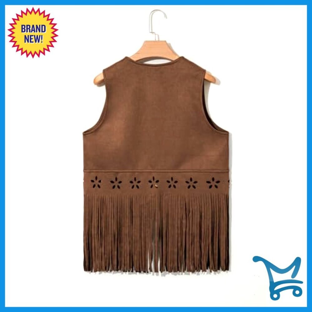 Large Faux Suede Fringe Vest Western Sleeveless Hollow Out Tassel - Picture 6 of 7